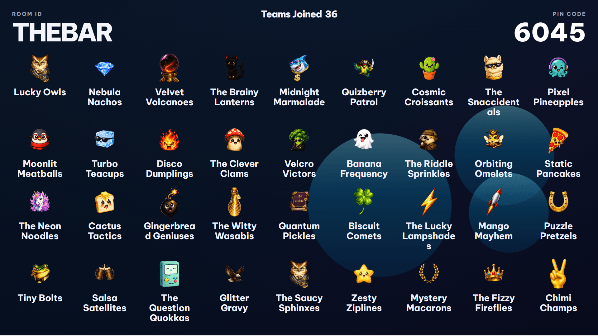 Tapino projector quiz lobby showing joined teams and the room pin.
