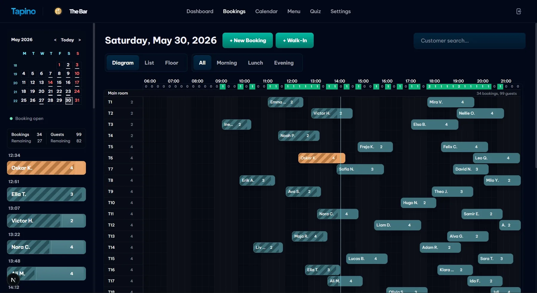 Tapino bookings page showing a list of reservations and live status controls.