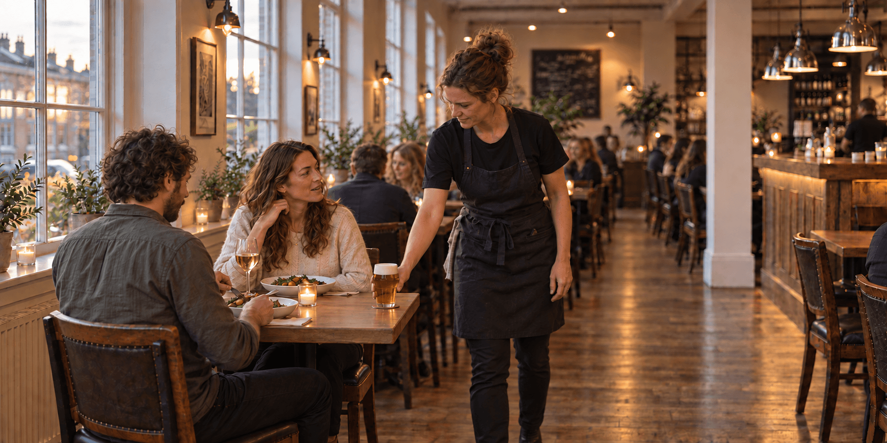 Two guests having dinner as a server brings a drink in a lively restaurant