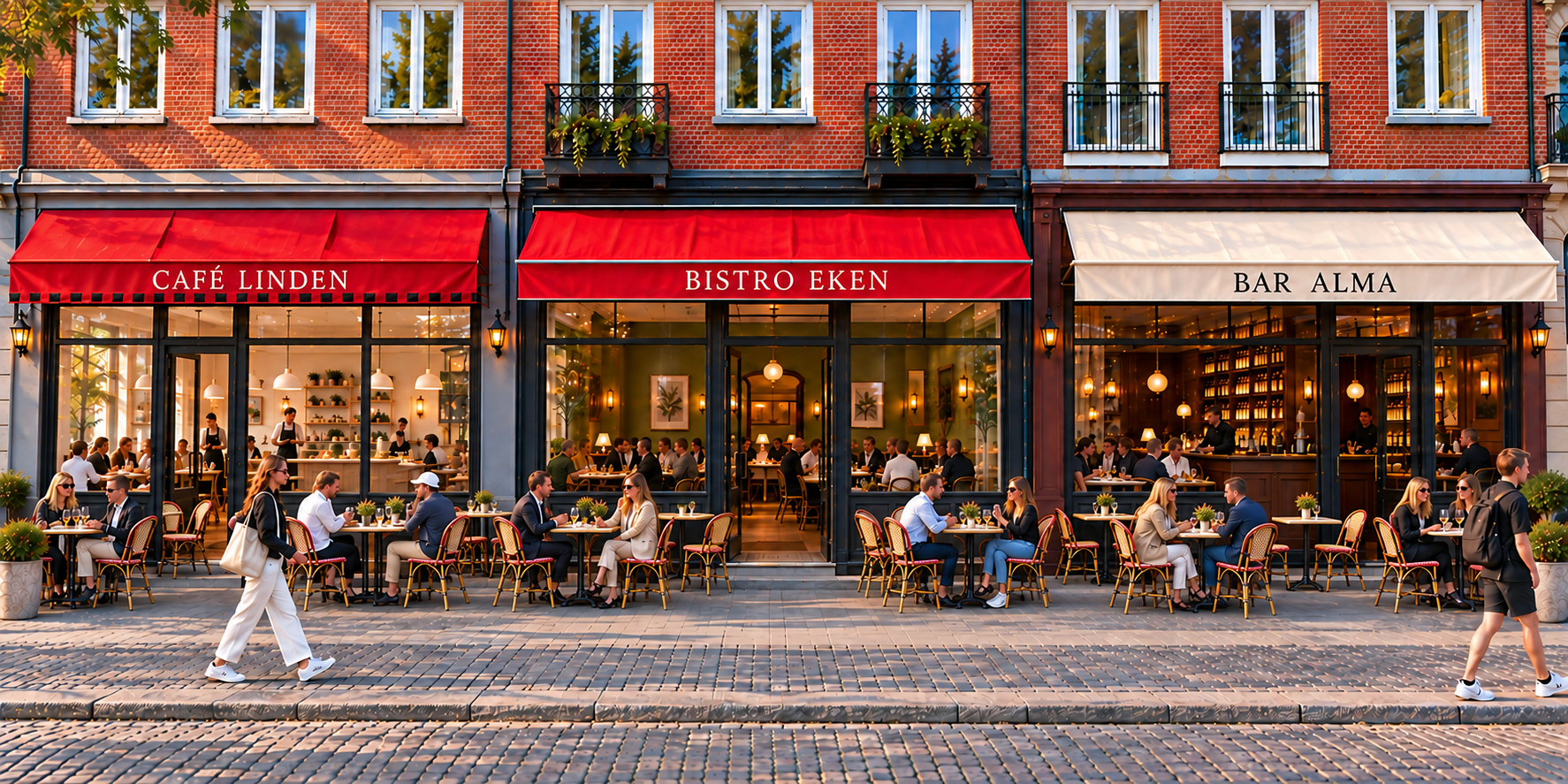 Three neighbouring venues with guests dining outside
